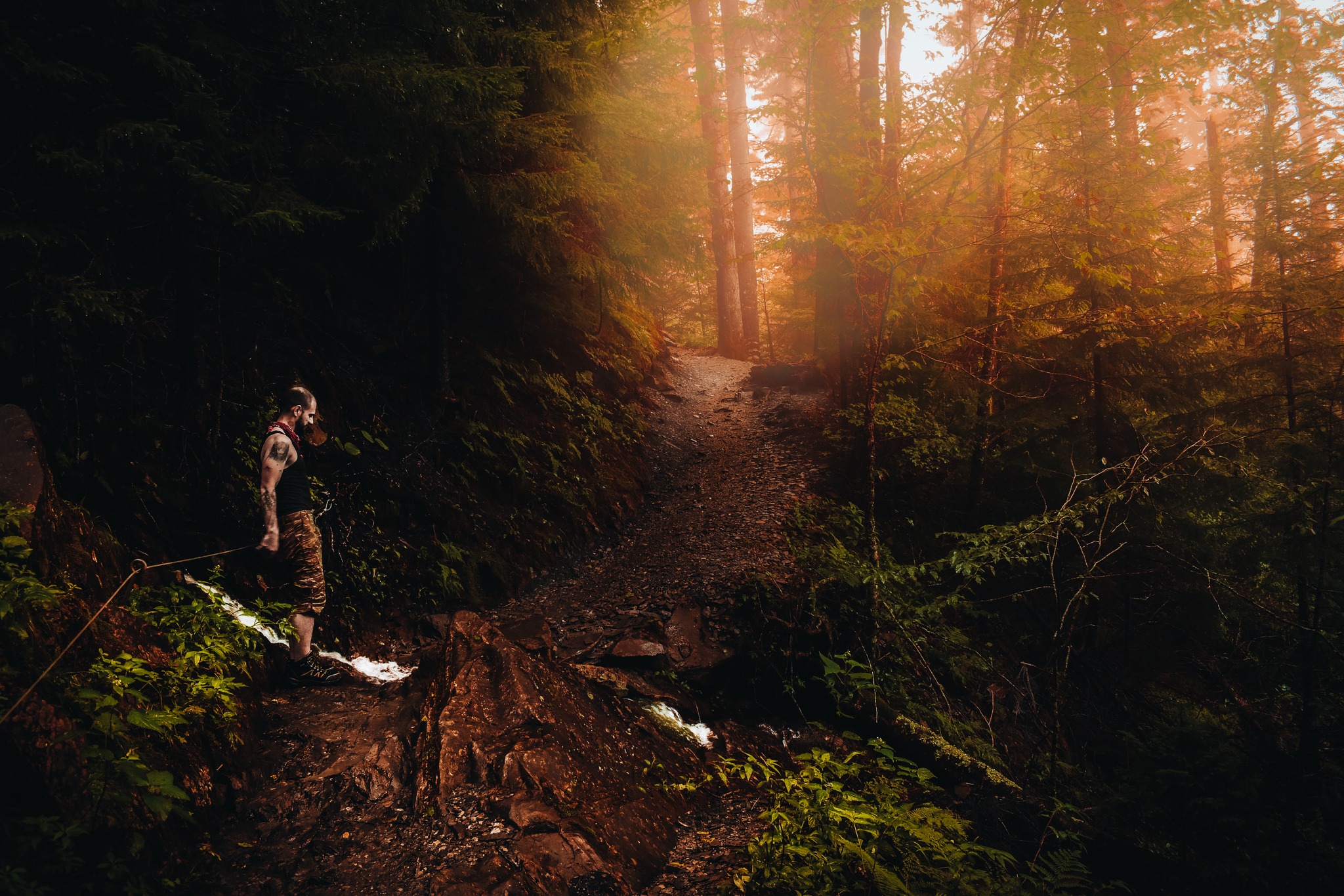 A man hiking through the Appalachians holding the rope to cross a waterway.