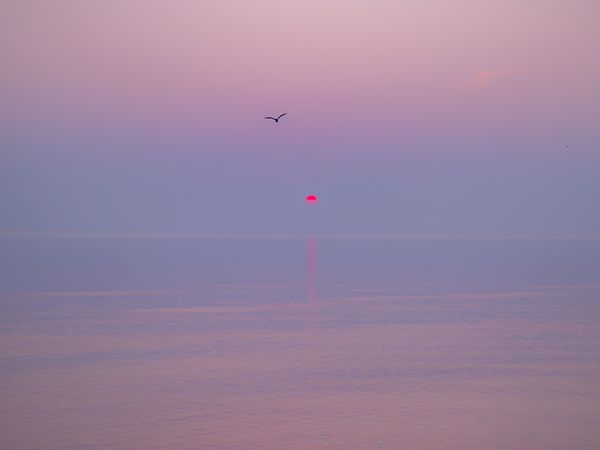 A sunset on Lake michigan take during the forest fires in Canada.