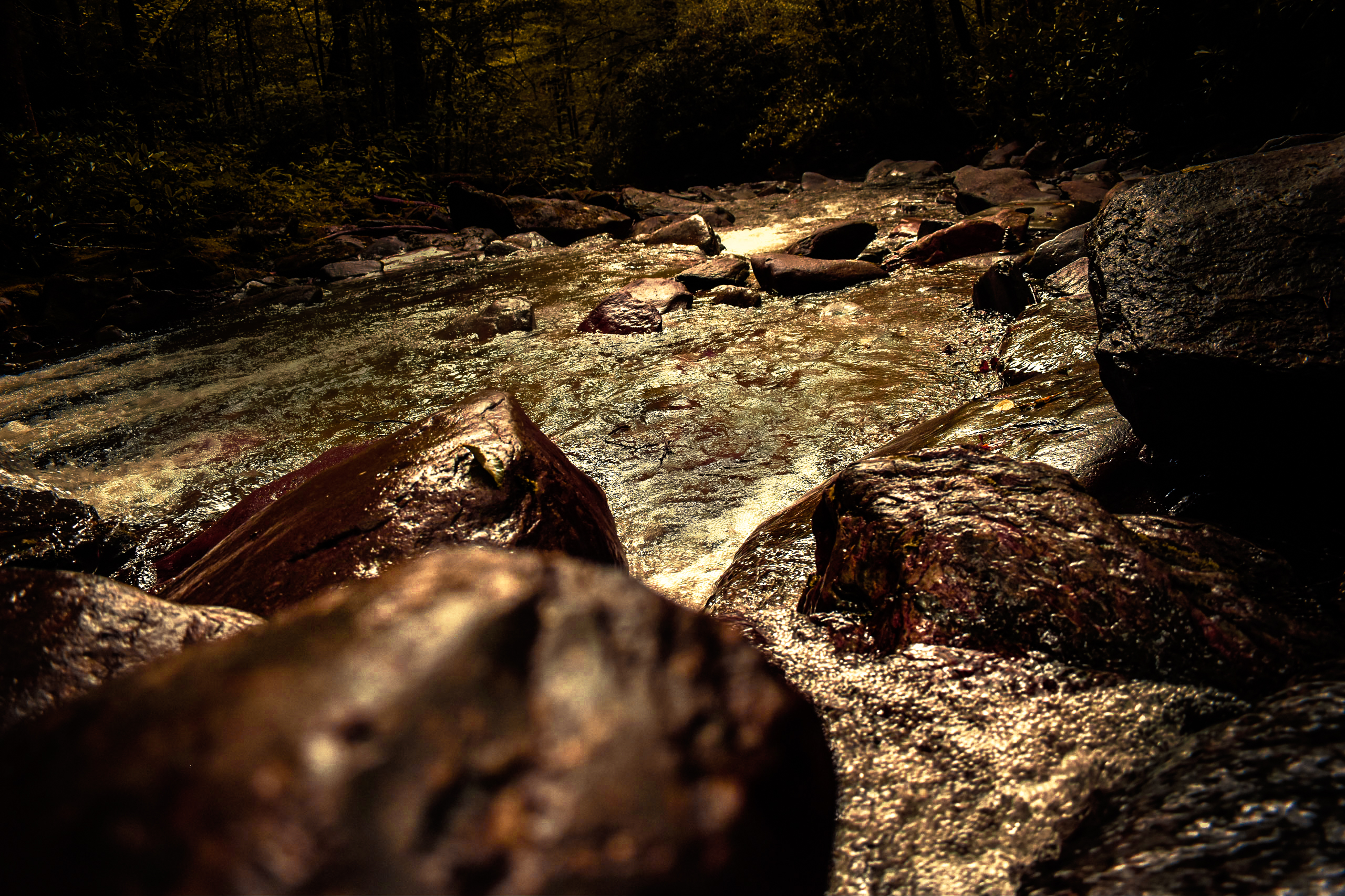 Rocks show on a river in the Appalachian Mountains.